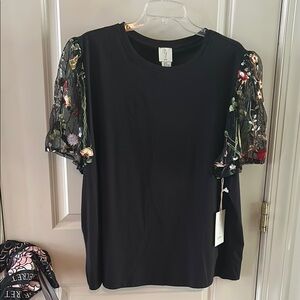 JOIE Black Floral Embroidered Sleeves Blouse 1x or 3x